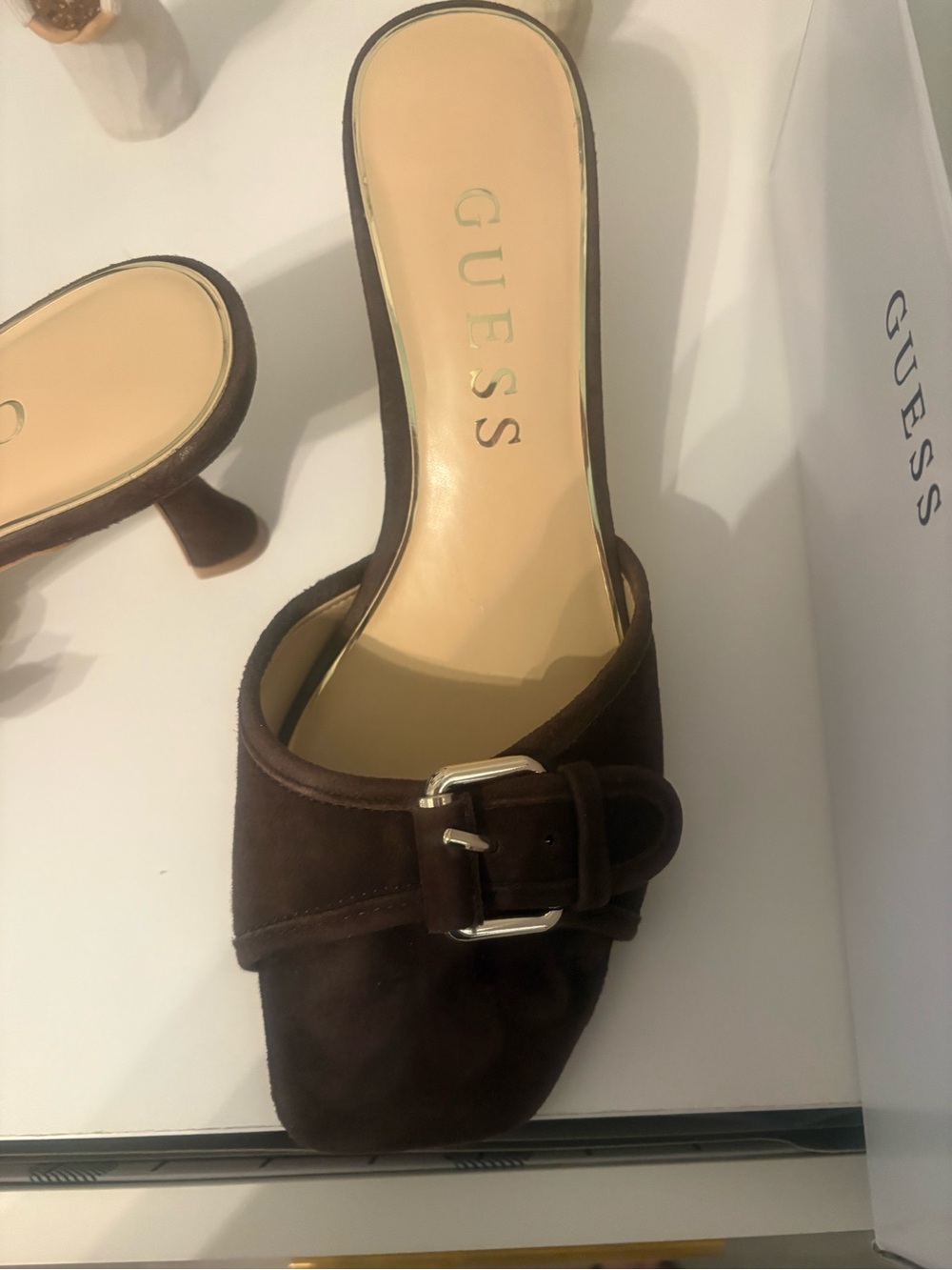 GUESS Dark Brown Suede Buckle Mule Heels